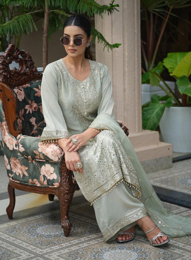 دي دبليو طقم كورتا مستقيمة مطرزة بالأزهار مع بنطال بالازو ودوباتا للنساء - Image 2